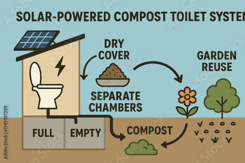 Solar Compost Toilet Design. Vector illustration of solar-powered compost toilet system with separate chambers, dry cover, and