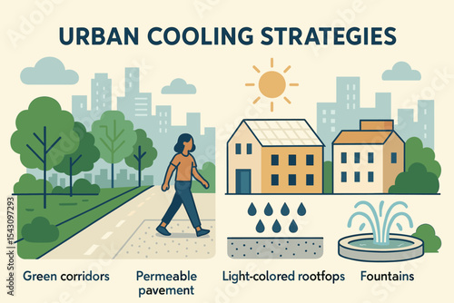 Urban Cooling Strategies. Vector illustration of urban cooling strategies with green corridors, permeable pavement, light-colored
