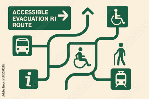 Accessible Evacuation Route Map. Vector illustration of accessible evacuation route map with signage icons, transport hubs, and