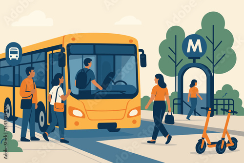 Busy Transit Hub. Vector illustration of public transit scene with people boarding bus, metro entrance nearby, and shared
