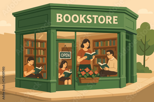Corner Bookstore Charm. Vector illustration of independent bookstore on corner street with readers inside, open sign, and flower