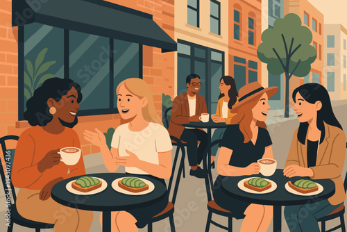 City Brunch Vibes. Vector illustration of city brunch culture: outdoor seating, avocado toast, lattes, and fashionable groups