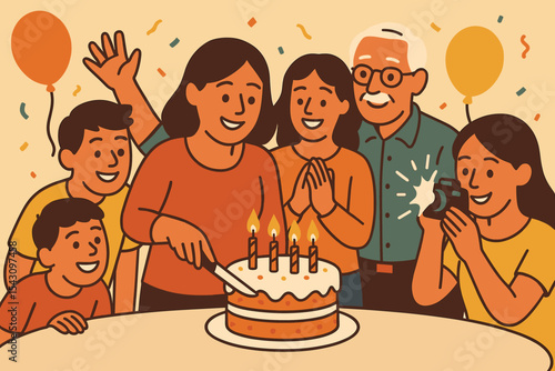 Birthday Cake Celebration. Vector illustration of birthday cake cutting moment with everyone gathered, candles lit, and flash