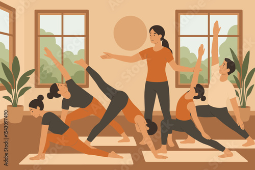 Group Yoga Harmony. Vector illustration of group yoga class in studio with flow poses, instructor guiding, and peaceful