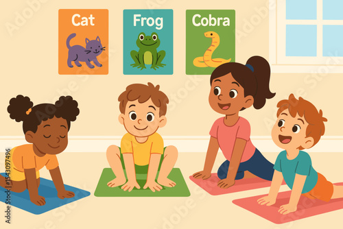 Kids' Yoga Fun. Vector illustration of kids’ yoga class with playful poses, animal names, and colorful instruction cards