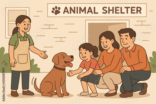 Family Adopts Dog. Vector illustration of happy family meeting their new dog at a shelter with wagging tail and smiling staff