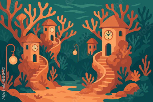 Coral Village Design. Vector illustration of coral-built village with spiral stairs, tide clocks, and pearl lanterns