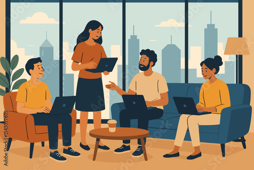 Digital Nomad Collaboration. Vector illustration of digital nomads collaborating near big windows with cityscape outside and cozy