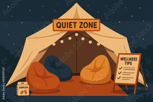 Quiet Zone Retreat. Vector illustration of quiet zone tent with beanbags, chill lighting, earplugs, and wellness tips board