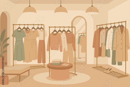 Chic Boutique Interior. Vector illustration of trendy clothing boutique interior with racks of pastel garments, mirrors, and soft