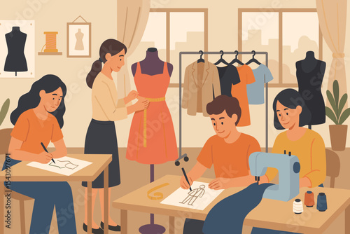Fashion Workshop Scene. Vector illustration of fashion workshop in boutique space with people designing, sketching, and sewing