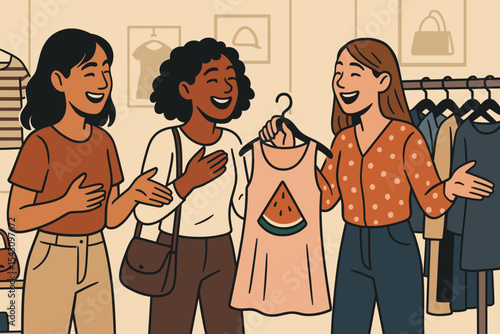 Friends Boutique Shopping. Vector illustration of friends browsing boutique together, sharing opinions, and laughing at fun styles
