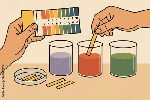pH Color Experiment. Vector illustration of hands-on experiment measuring color changes in pH using litmus paper and juice samples
