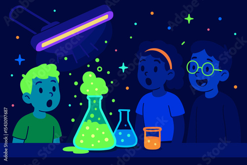 Glow-in-the-Dark Experiment. Vector illustration of glow-in-the-dark experiment with blacklight, neon materials, and amazed