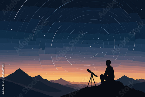 Mountaintop Stargazing Adventure. Vector illustration of mountaintop stargazing scene with silhouetted figure, star trails, and