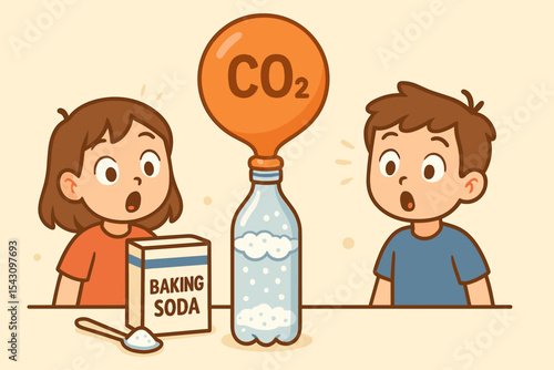 CO₂ Balloon Experiment. Vector illustration of CO₂ balloon inflation experiment with bottle, baking soda, and amazed expressions