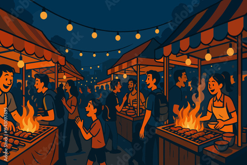 Vibrant Night Market. Vector illustration of lively night market with glowing food stalls, sizzling grills, and excited crowds