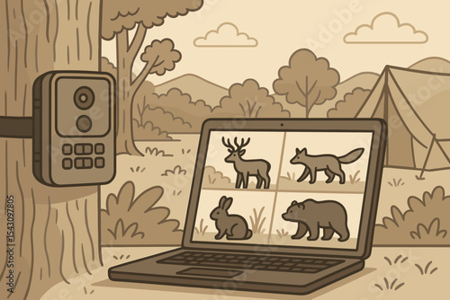 Camera Trap Wildlife Display. Vector illustration of camera trap setup with wildlife images displayed on a laptop back at camp