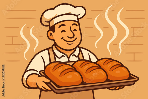 Warm Bread Delight. Vector illustration of tray of freshly baked bread with golden crusts, rising steam, and baker’s smile