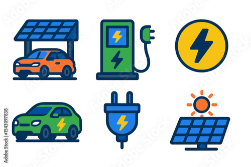 Modern EV Charging Hub. Isometric flat vector illustration of a parking lot EV hub with covered roof, solar panels, and multiple