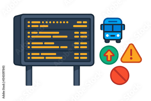 Modern Transit Icons. Isometric flat vector illustration of an LED transit information board with scrolling arrival updates and