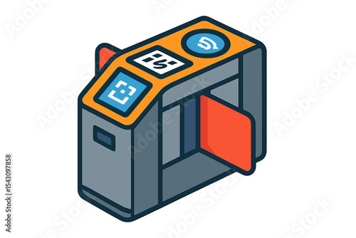 Smart Transit Fare Gate. Isometric flat vector illustration of a smart transit fare gate with QR code scanner and tap-to-enter