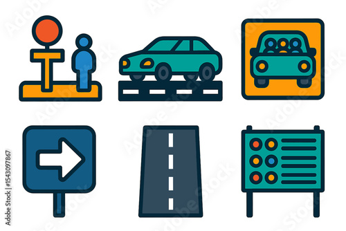 Carpool Hub Icons. Isometric flat vector illustration of a workplace carpool hub with drop-off point, car lane signage, and shared
