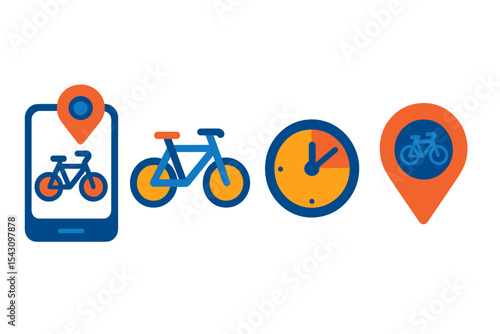 Bike Share App Icons. Isometric flat vector illustration of a bike share app showing bike availability, time limit options, and