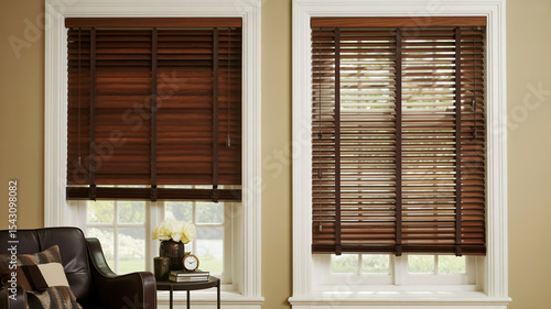 A high-quality interior photograph of two brown wooden venetian blinds mounted on white-framed windows