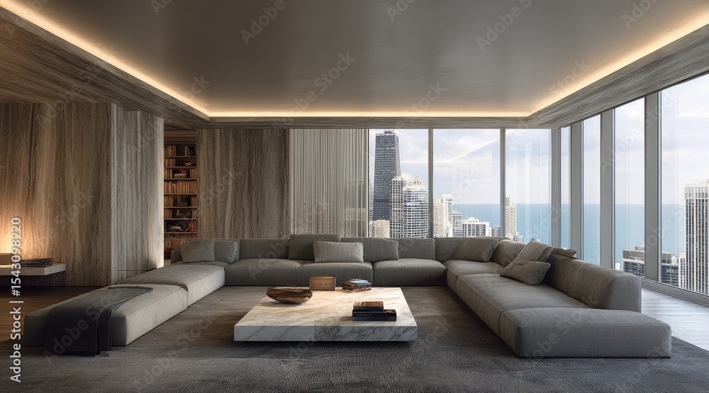 Naklejka premium Modern Living Room with Stunning City View