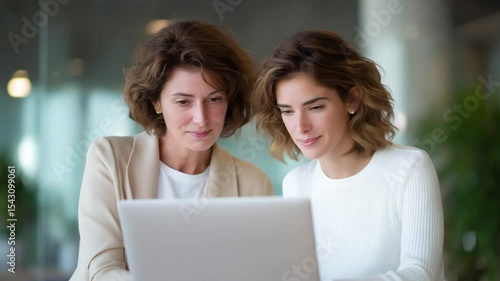 Two businesswomen collaborating at laptop in modern office, smiling and discussing work in bright natural light, teamwork concept