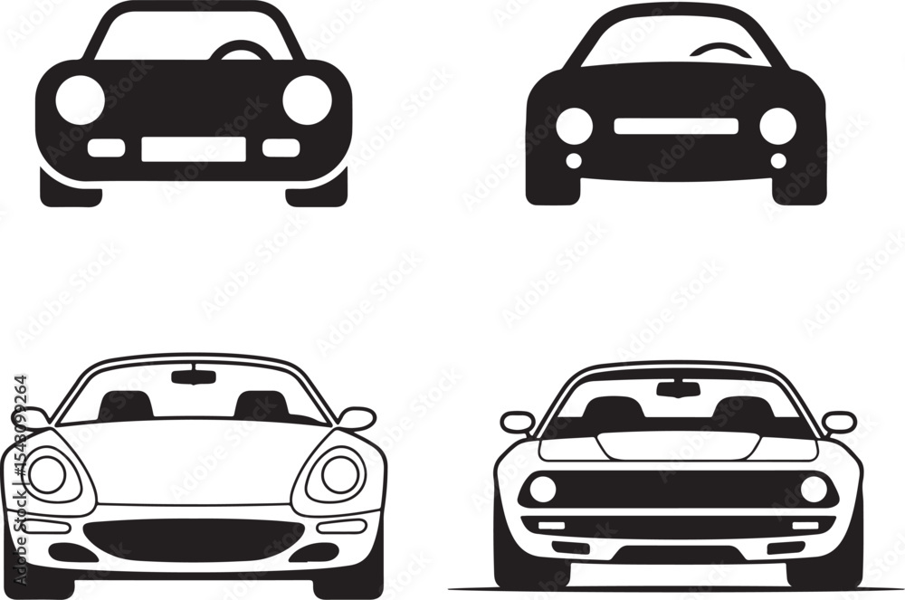Four Black and White Car Front Views Minimalist Line Drawings Four Black and White Car Front Views Minimalist Line Drawings