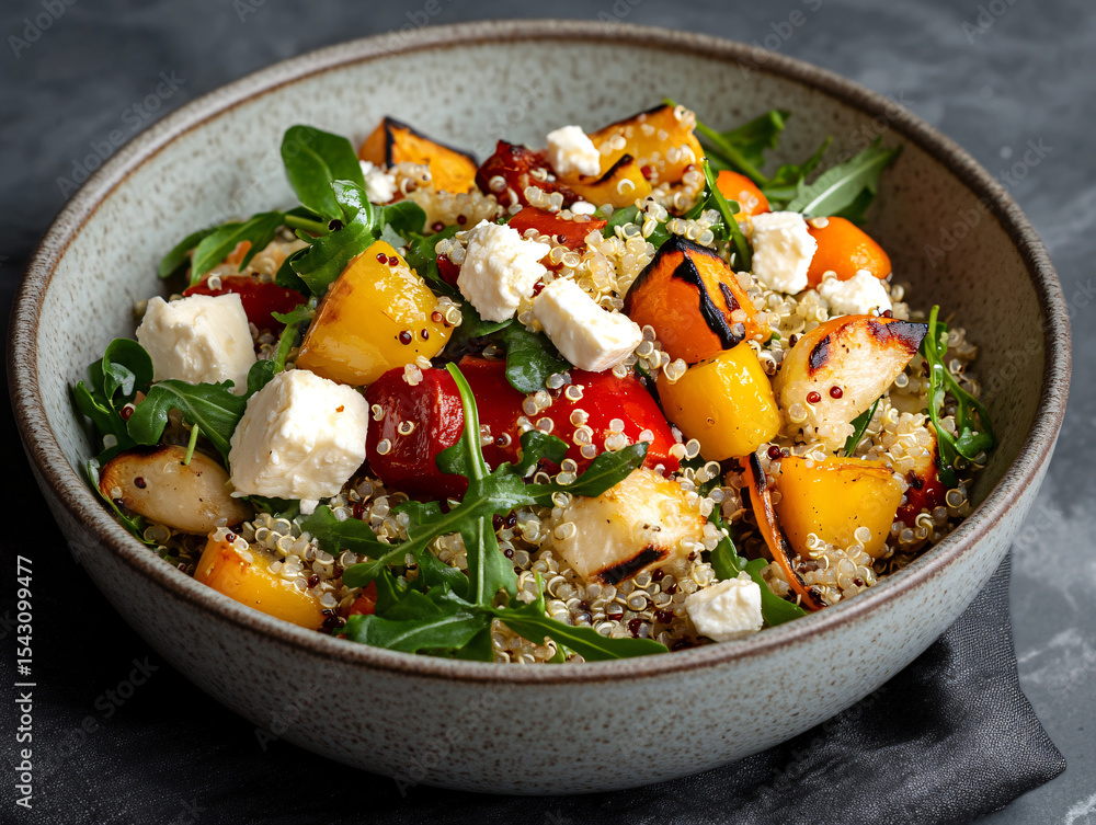 A colorful and appetizing salad in a bowl, featuring fresh vegetables, greens, and cheese A colorful and appetizing salad in a bowl, featuring fresh vegetables, greens, and cheese