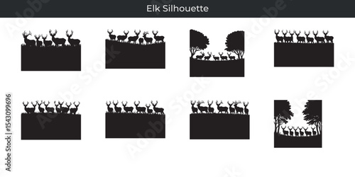 Elegant elk silhouette illustrations depicting wildlife nature and forest scenery in various compositions