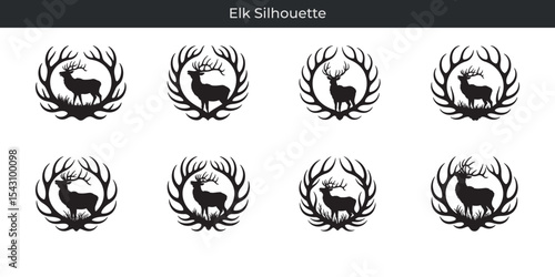 Elegant elk silhouette designs featuring horned animal graphics and decorative foliage elements