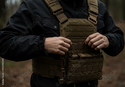 Close-up of a Person Wearing a Tactical Vest with Magazine Pouch