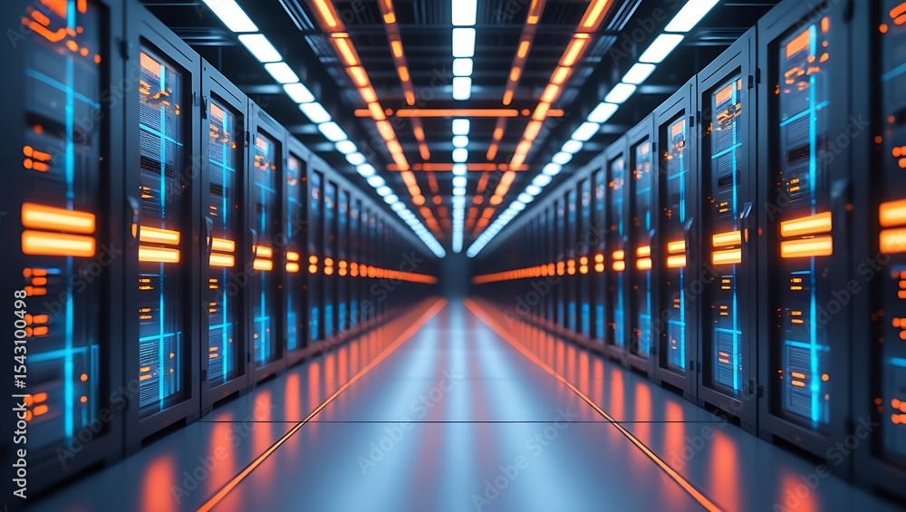 Obraz premium Futuristic Data Center Corridor with Glowing Orange and Blue Servers