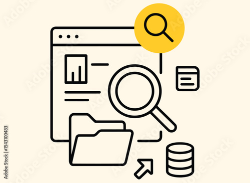  Data Search and File Analysis Icon Magnifying Glass, Folder, Chart, and Browser UI Vector