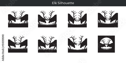 Collection of elk silhouette designs depicting antlered animals confronting each other