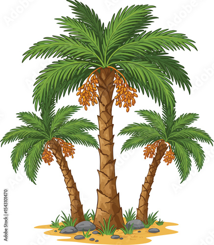 Tropical Date Palm Trees Vector Illustration with Ripe Dates and Desert Background