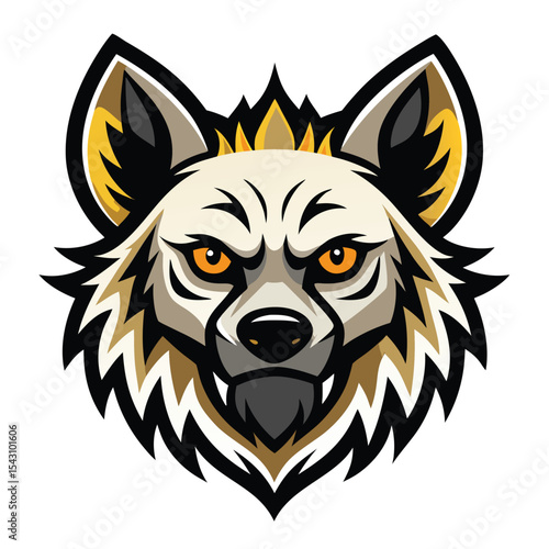 Ferocious canine head stares intensely with burning yellow eyes on white background