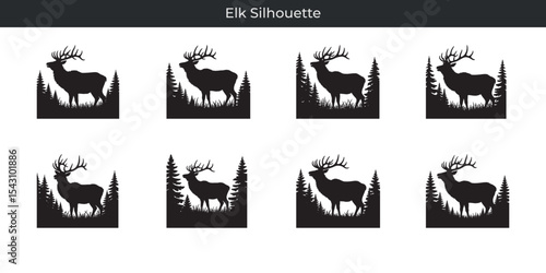 Collection of black elk silhouette designs depicting wildlife and forest scenery vectors