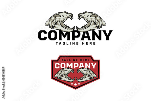 Tiger head bone with sharp fangs badge logo vector design set for wildlife, adventure, hunter. Wild tiger skull cranium vintage colorful illustration emblem logo collection