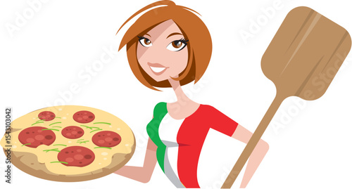 Female pizza chef in Italian colored t-shirt serves delicious pepperoni pizza