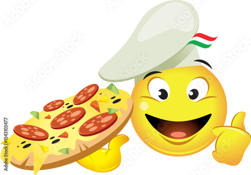 A smiley pizza chef serves a pizza with pepperoni