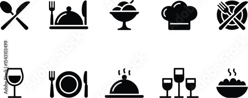 A collection of restaurant and food related icons in black and white
