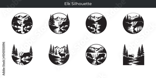 A collection of elk silhouette designs featuring forest landscapes and mountain scenes
