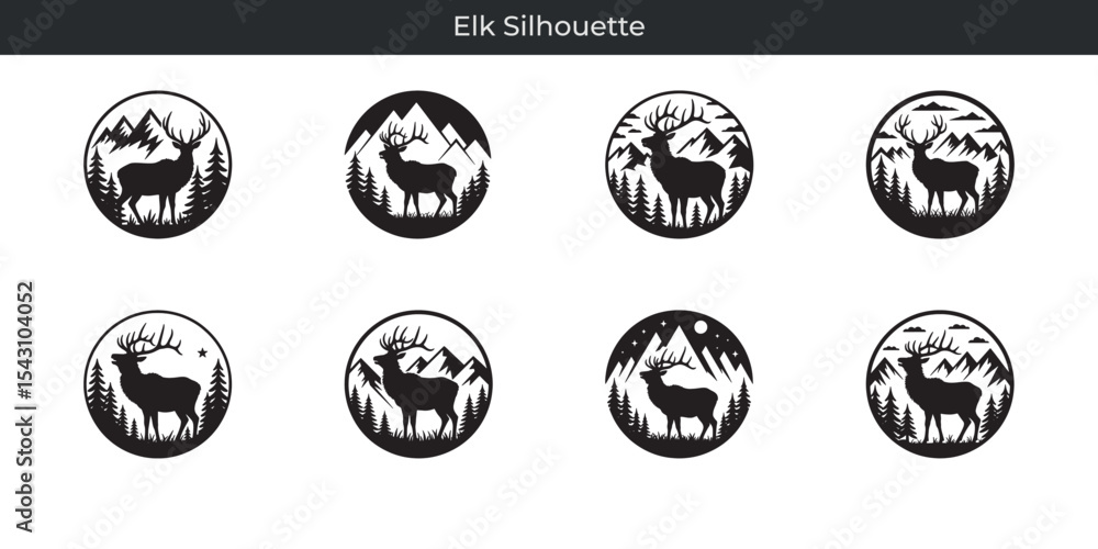 Obraz premium Collection of eight elk silhouette designs featuring mountains and trees within circular frames