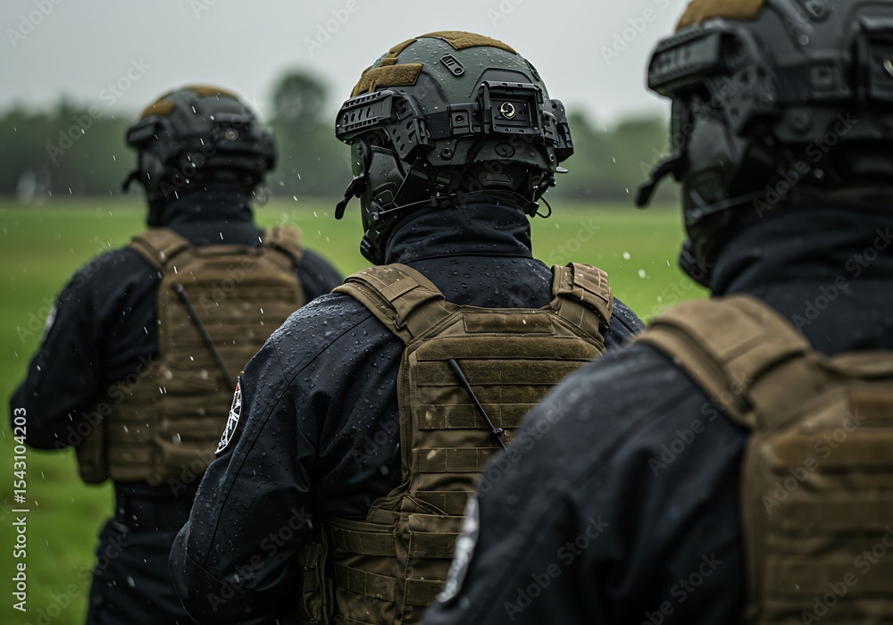 Fototapeta premium Rain-Soaked SWAT Team Awaits Deployment in Field