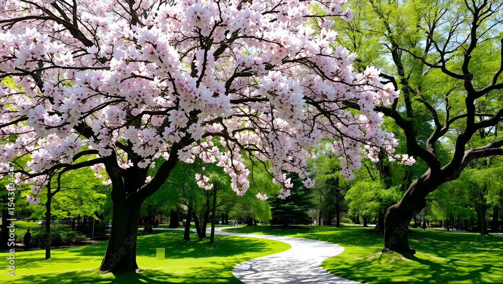 Naklejka premium Pink cherry trees blossom in a vibrant spring park landscape